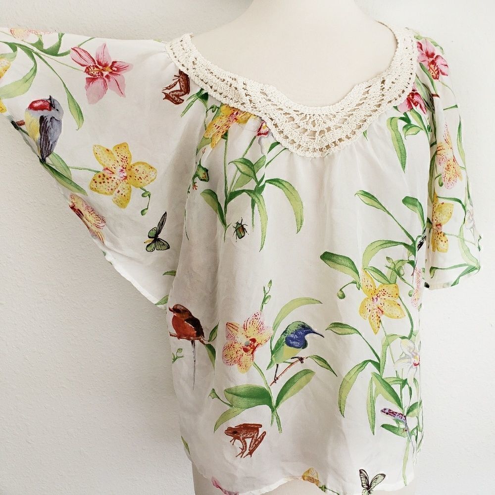 Anthropologie floreat botanical silk crochet top